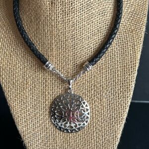 Premier Designs Silver Medallion Pendant on Black Leather Braided Necklace (3